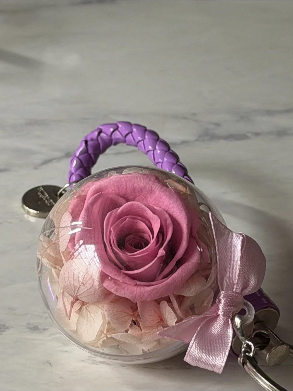 Purple Braided Wristlet Keychain with Pink Preserved Rose